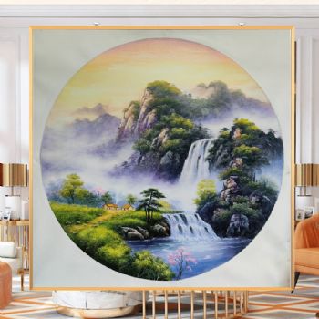 新中式山水风景油画纯手绘圆形山水画铝合金外框