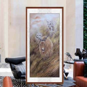 领头羊动物国画工笔写实国画山头图纯手绘动物国画