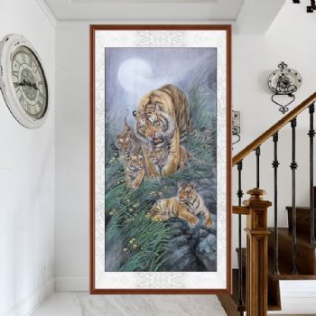 五福临门纯手绘工笔动物国画老虎图中式玄关国画