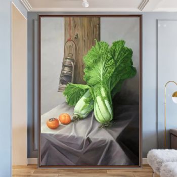 手绘写实静物油画白菜柿子马灯图发大财客厅大厅油画