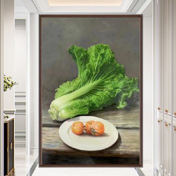 一盘好事柿子与白菜写实静物油画纯手绘油画纯手绘精品白菜图写实油画
