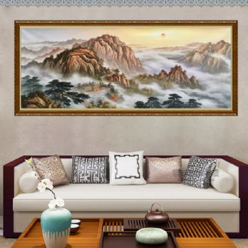 旭日东升五岳独尊高品质山水风景油画实力画家作品客厅大厅风景油画刀画作品