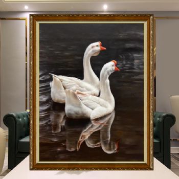 水中天鹅精品写实动物油画餐厅卧室挂画