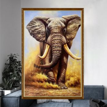手绘精品超写实动物油画大象图吉祥如意玄关走廊挂画