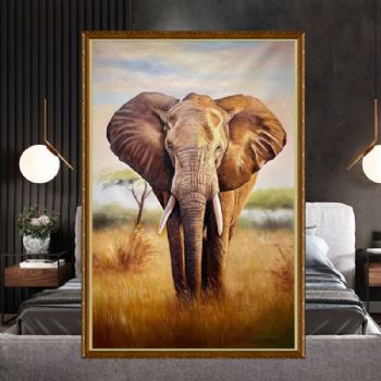 吉祥吉象如意纯手绘动物写实油画大象玄关办公室挂画