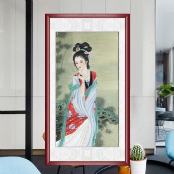 精品中式人物国画美女仕女图小四尺实木画框