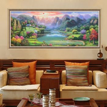 新中式寓意丰富山水聚宝盆风景油画旭日东升仙鹤延年纯手绘大型风景油画