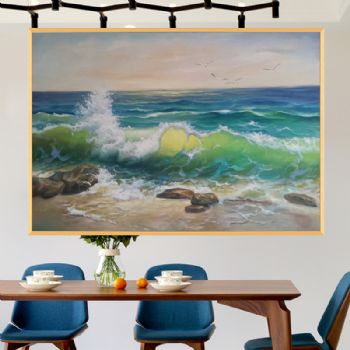 现代简约客厅餐厅装饰手绘油画海浪风景画金色铝合金外框