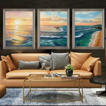 三联画纯手绘风景油画海浪风景油画乘风破浪油画