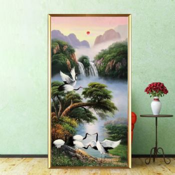 适合玄关的新中式纯手绘油画仙鹤延年迎客松旭日东升风景油画