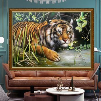动物写实油画老虎图纯手绘动物油画办公室挂画