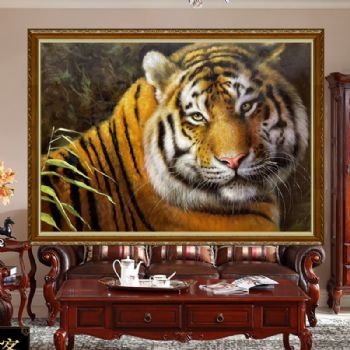 老虎写实油画纯手绘动物油画新中式客厅挂画