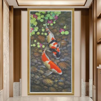 新中式年年有余锦鲤图纯手绘玄关荷花风景油画