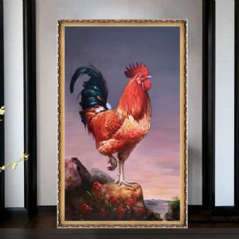 雄鸡立潮头纯手绘写实动物油画公鸡图