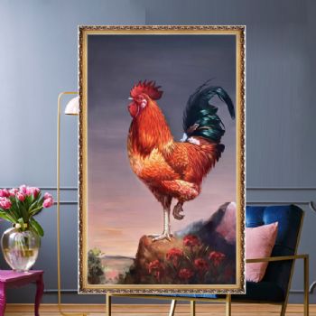 勇立潮头领导者动物油画公鸡图纯手绘写实油画