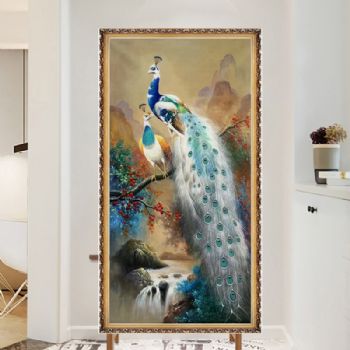 江山孔雀油画幸福吉祥纯手绘山水动物油画玄关挂画