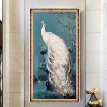 新中式白孔雀动物油画纯手绘油画幸福吉祥动物油画
