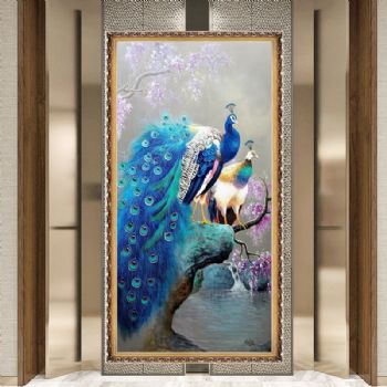 孔雀紫滕花纯手绘动物花卉油画玄关挂画