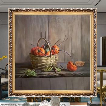 纯手绘柿子油画静物写实新中式客厅挂画