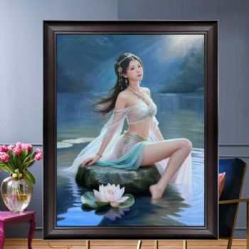 布面油画美女创意纯手绘手工油画溪边莲花女