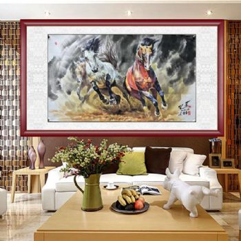 写意动物国画朝鲜动物国画双雄骏马动物国画实木画框