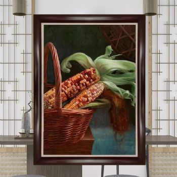 写实静物油画一筐玉米寓意多子多福中式玄关静物油画实木画框