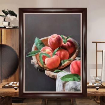 中式水蜜桃桃子水果写实油画寿桃静物油画纯手绘油画实木画框