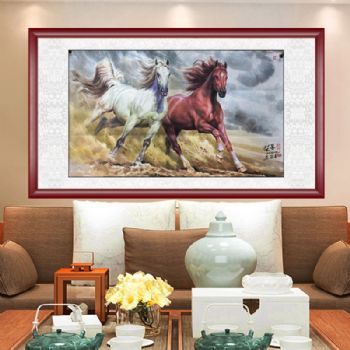 朝鲜水墨动物国画双骏图奔马动物国画手绘国画实木画框