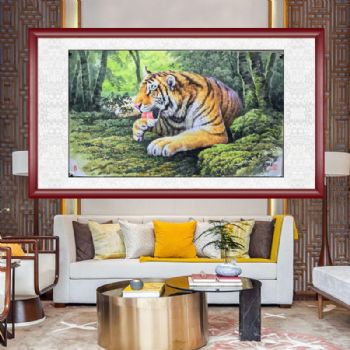 动物写实国画朝鲜水墨国画老虎图王者风范实木外框