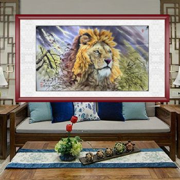 朝鲜动物国画水墨画狮子图狮王争霸雄狮国画实木画框