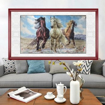 朝鲜动物国画三马图奔马国画客厅办公室动物画实木画框