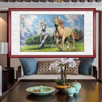 动物水墨画骏马图双雄图奔马图朝鲜国画手绘国画实木画框