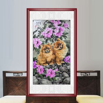 动物国画两只小狗水墨国画朝鲜国画实木画框