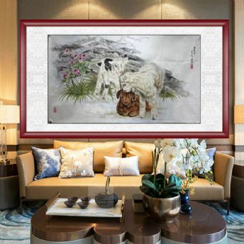 朝鲜国画动物画三羊开泰山羊图纯手绘水墨画实木画框