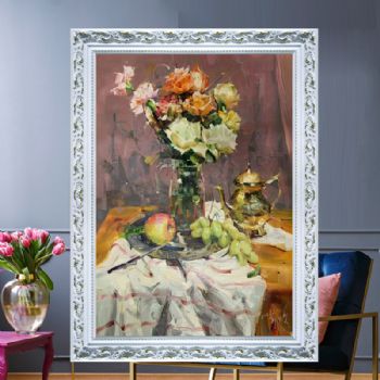 朝鲜油画印象静物花卉油画客厅餐厅挂画实木画框