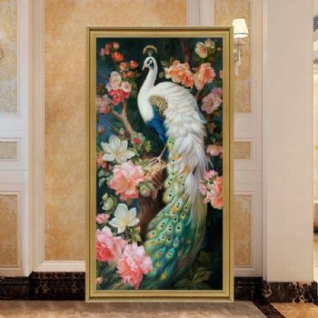 纯手绘动物油画白孔雀油画寓意富贵吉祥玄关油画实木画框