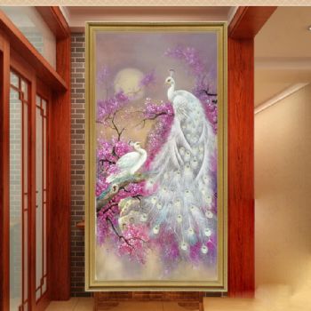 纯手绘孔雀油画白月光两只白孔雀寓意吉祥如意实木画框
