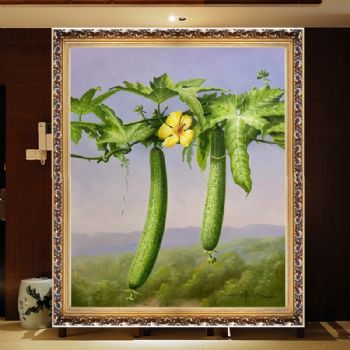 写实油画纯手绘丝瓜图走廊餐厅小品油画实木画框