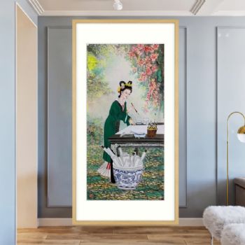 水墨四尺国画纯手绘人物国画金棱十二杈仕女画原木画框