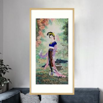 古典人物国画仕女图玄关人物国画美女画原木画框