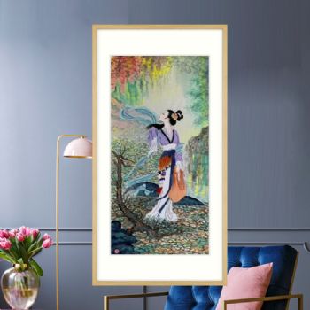 仕女国画纯手绘人物水墨画玄关美女人物国画原木外框