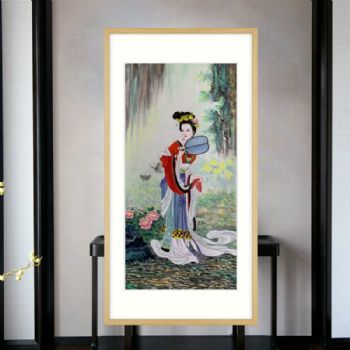 古典美女仕女水墨国画纯手绘人物国画实木外框