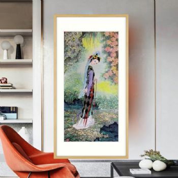 纯手绘中式古典美女图仕女国画原木色实木外框