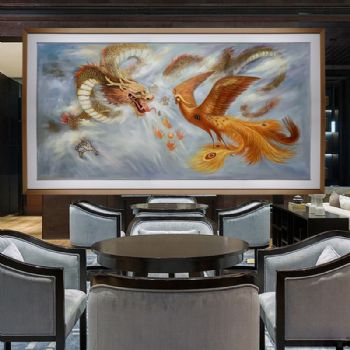 中式客厅油画纯手绘龙凤呈祥精品收藏油画实木外框