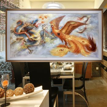 美好寓意中式油画龙凤呈祥手绘油画实木外框