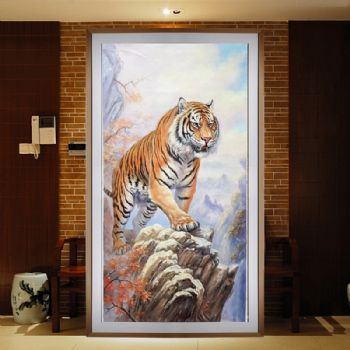 虎立山头纯手绘动物油画虎虎生威石来运转精品油画实木外框