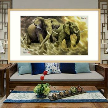 手绘两头大象水墨动物国画朝鲜画寓意吉祥如意大厅国画