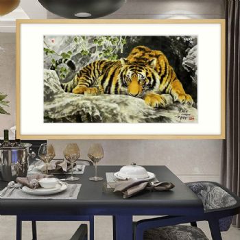 朝鲜动物国画水墨画老虎图卧虎写实画客厅大厅挂画