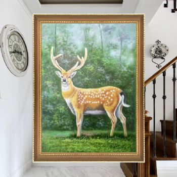 送长辈动物写实油画梅花鹿手绘油画卧室挂画