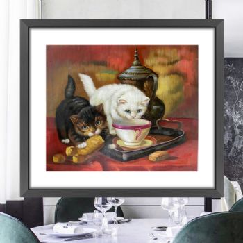 黑猫白猫动物油画手绘儿童卧室油画